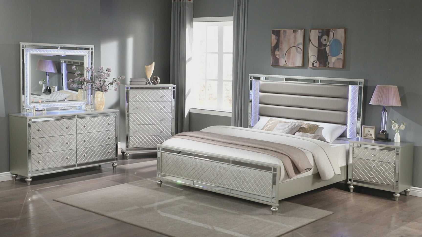 Cristian Champagne LED Upholstered Panel Bedroom Set