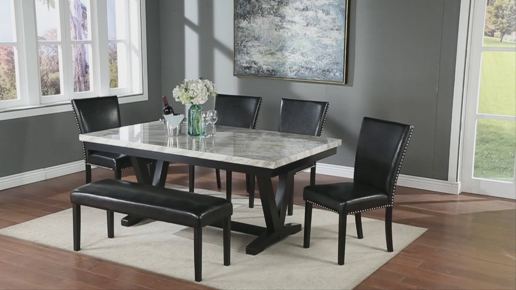Tanner Black/White Faux Marble Top Dining Set