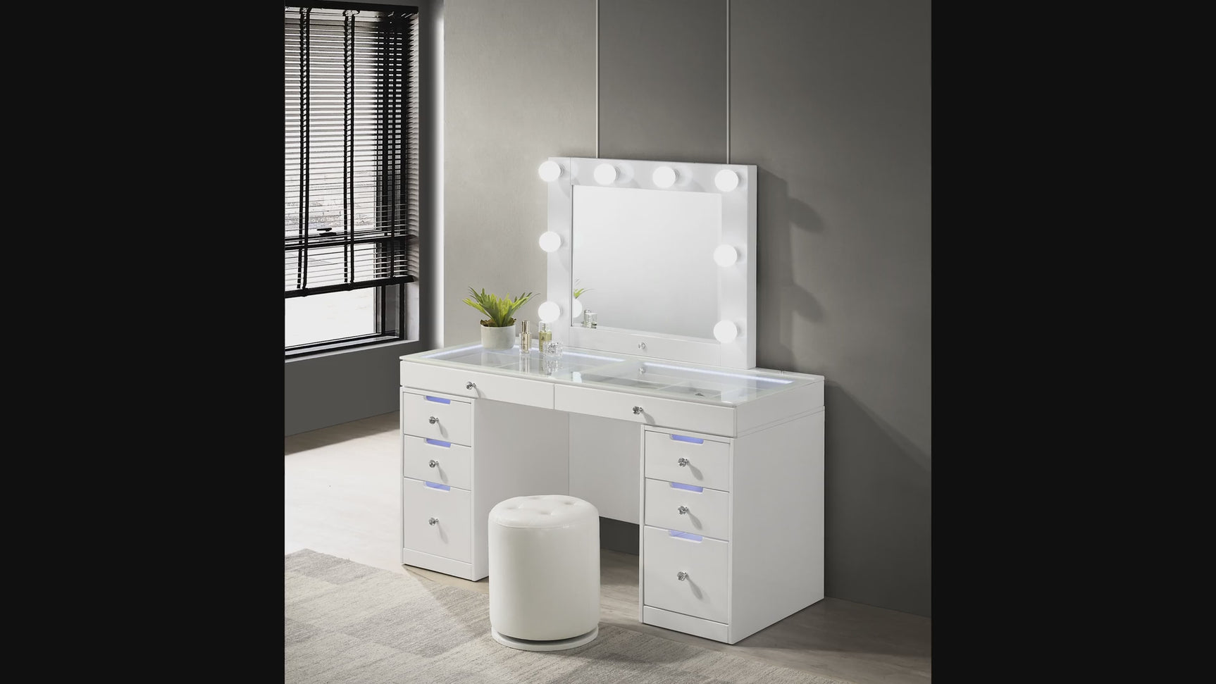 Luxo White Vanity Set w/LED Mirror & Stool