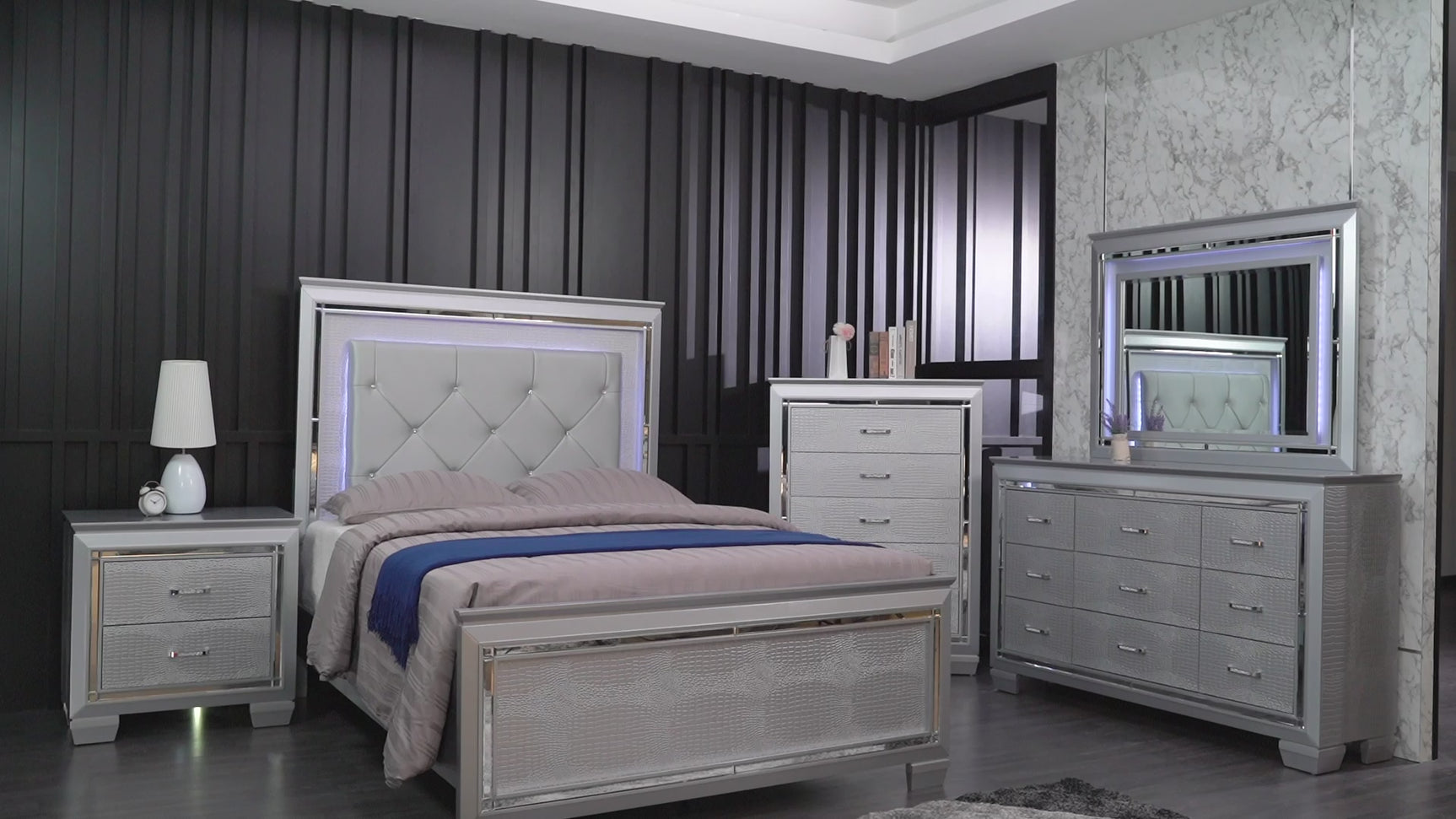 Lillian Silver LED Panel Bedroom Set