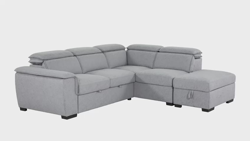 Gerardo Gray 3pc L Shape Sectional Sofa Bed w/ Storage Ottoman