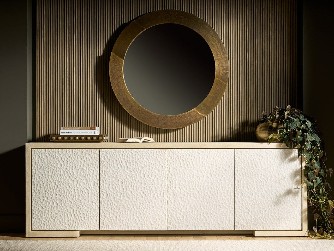 Aurora Light Oak/Carved Stone Credenza