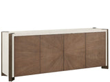 Modern Smoked Gold/Mist Credenza 89" Wide Four-Door Storage Cabinet with Power Bar