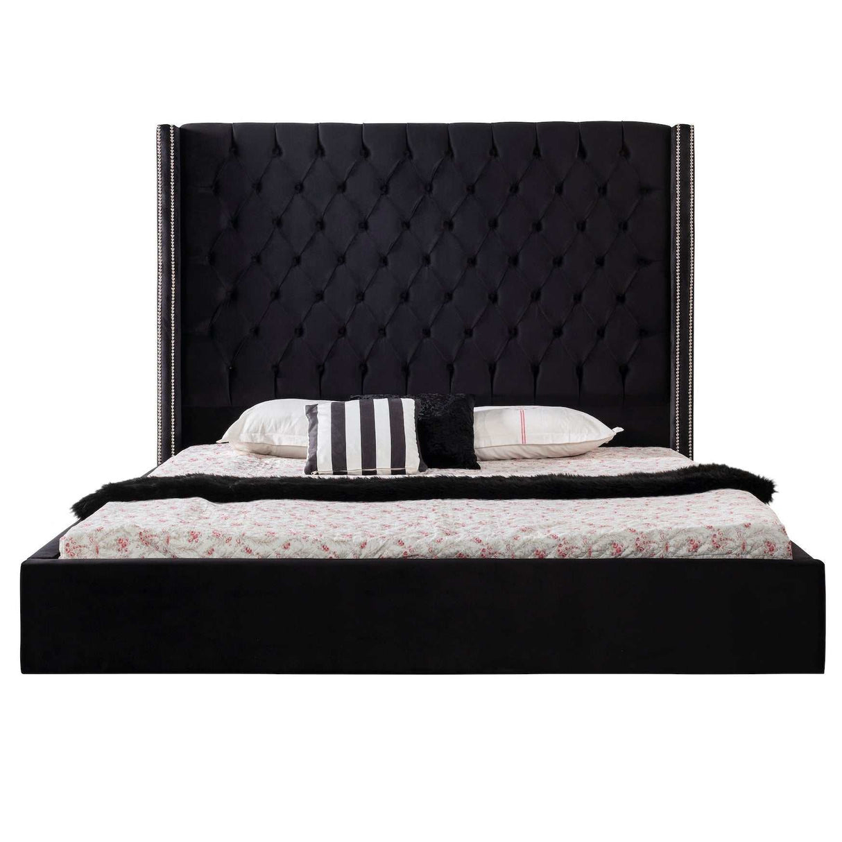 Valeria Black Velvet Queen Platform Bed Frame - Ornate Home