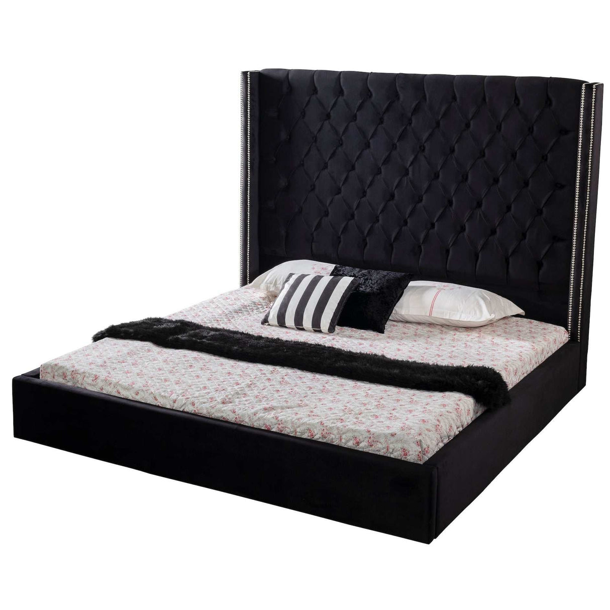 Valeria Black Velvet Queen Platform Bed Frame - Ornate Home