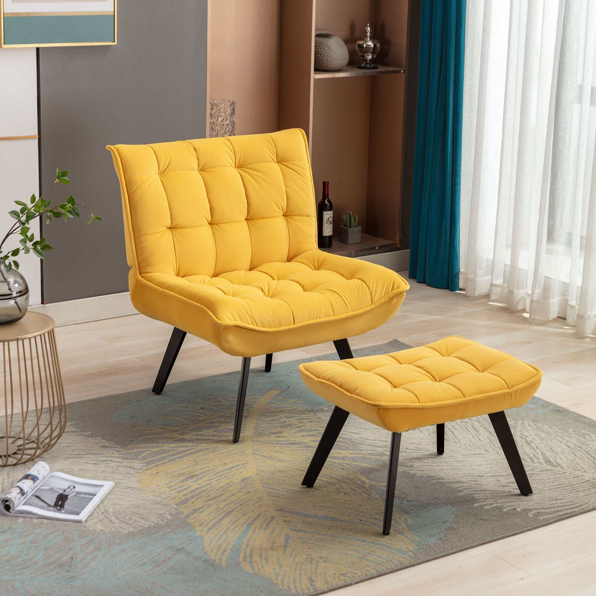 Cinder Velvet Accent Chair with Ottoman Yellow - Ornate Home