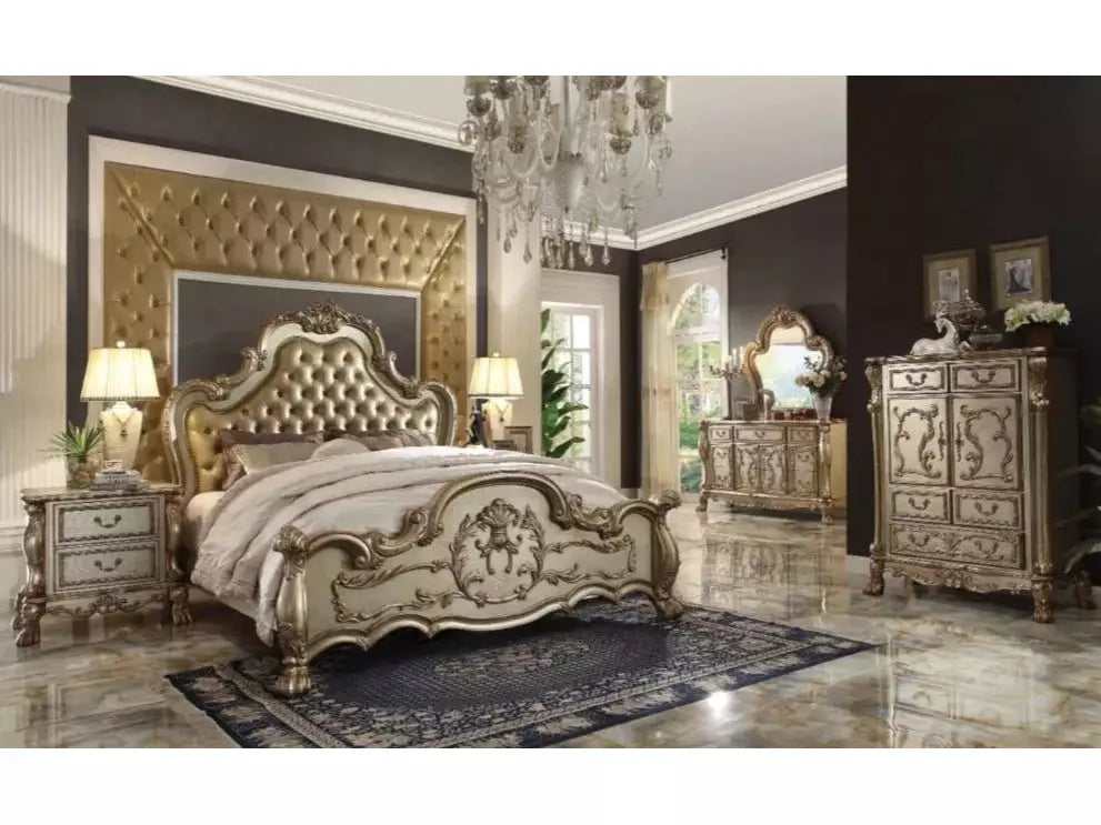 Dresden Bone PU & Gold Patina Queen Bed - Ornate Home