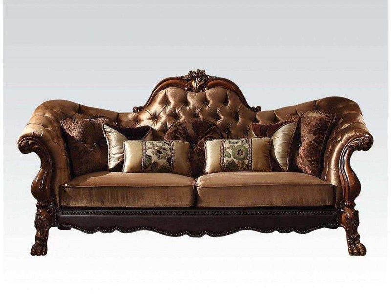 Dresden Golden Brown Velvet & Cherry Oak Sofa w/7 Pillows - Ornate Home