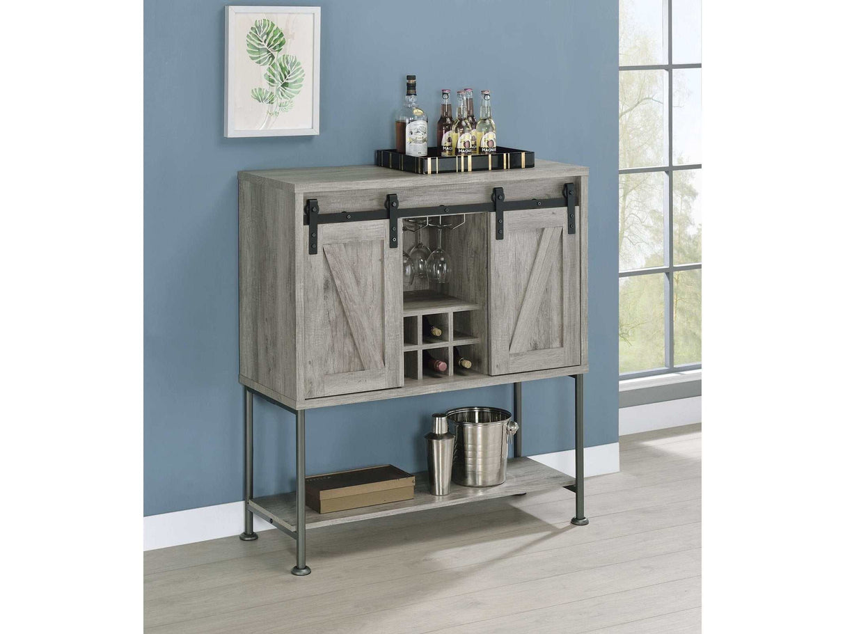 Layan Grey Driftwood Sliding Door Bar Cabinet w/ Lower Shelf - Ornate Home