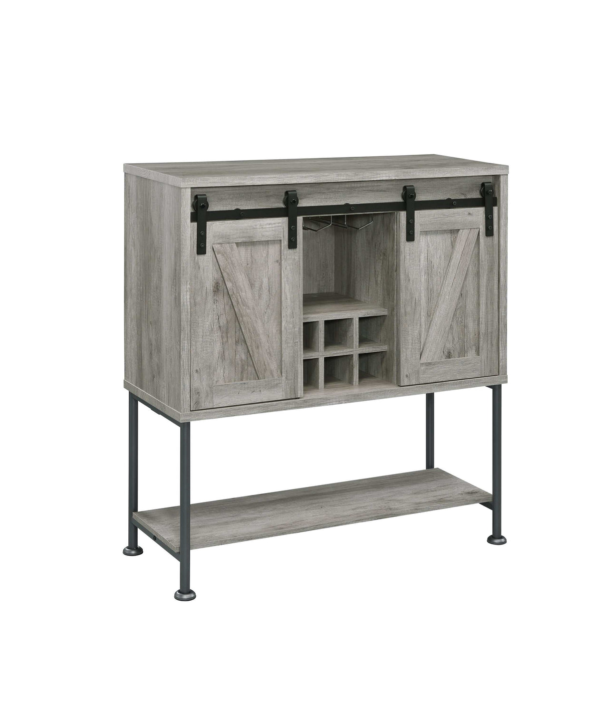 Layan Grey Driftwood Sliding Door Bar Cabinet w/ Lower Shelf - Ornate Home