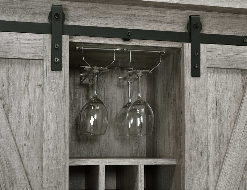Layan - Grey Driftwood - Sliding Door Bar Cabinet w/ Lower Shelf - Ornate Home