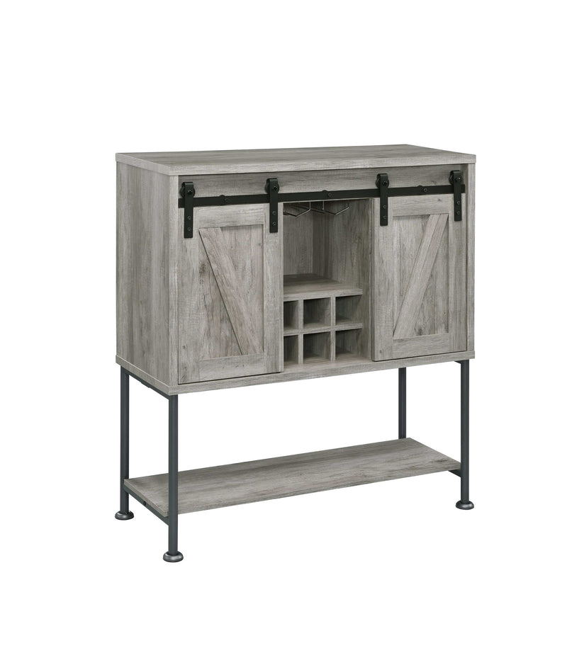 Layan - Grey Driftwood - Sliding Door Bar Cabinet w/ Lower Shelf - Ornate Home