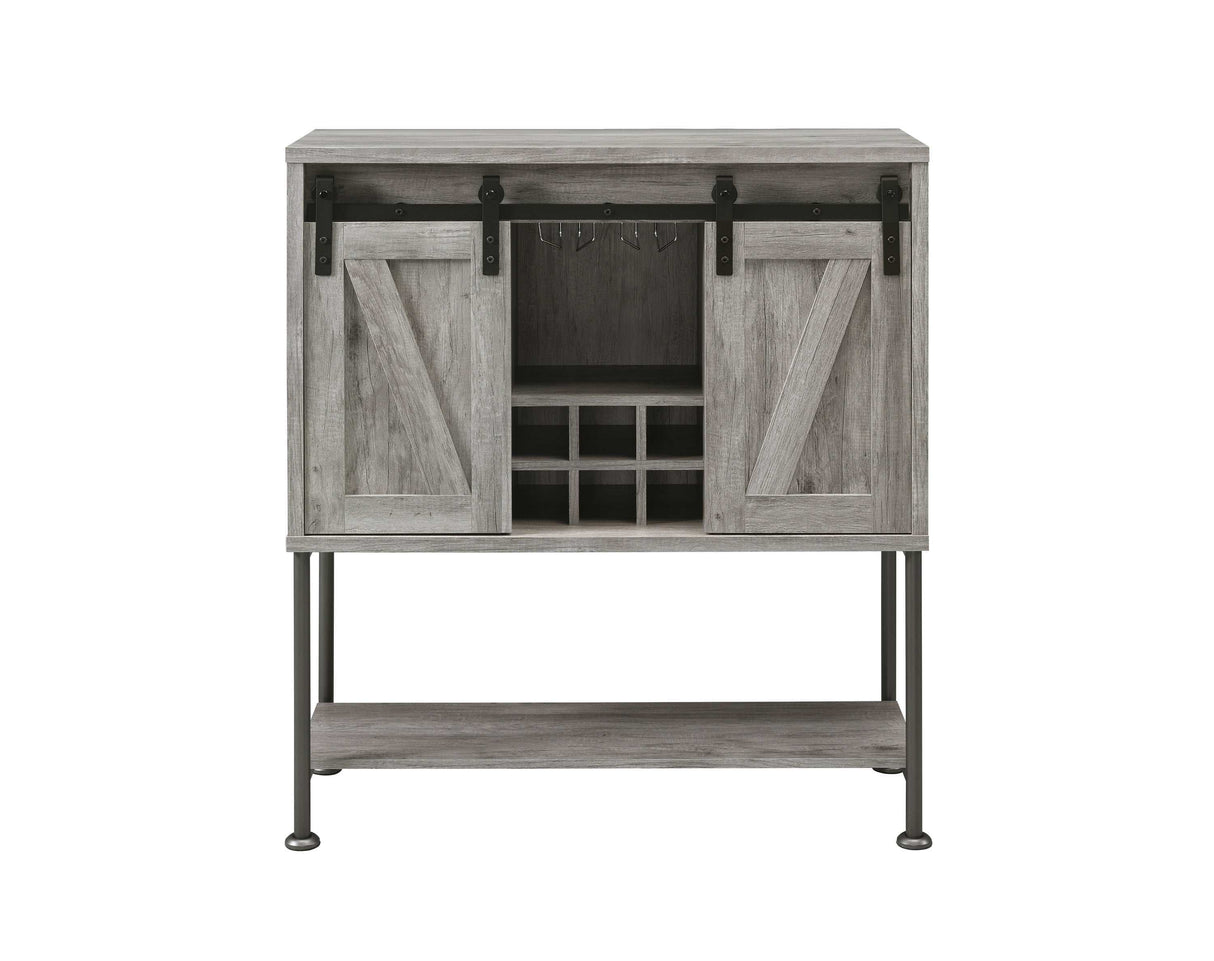 Layan Grey Driftwood Sliding Door Bar Cabinet w/ Lower Shelf - Ornate Home