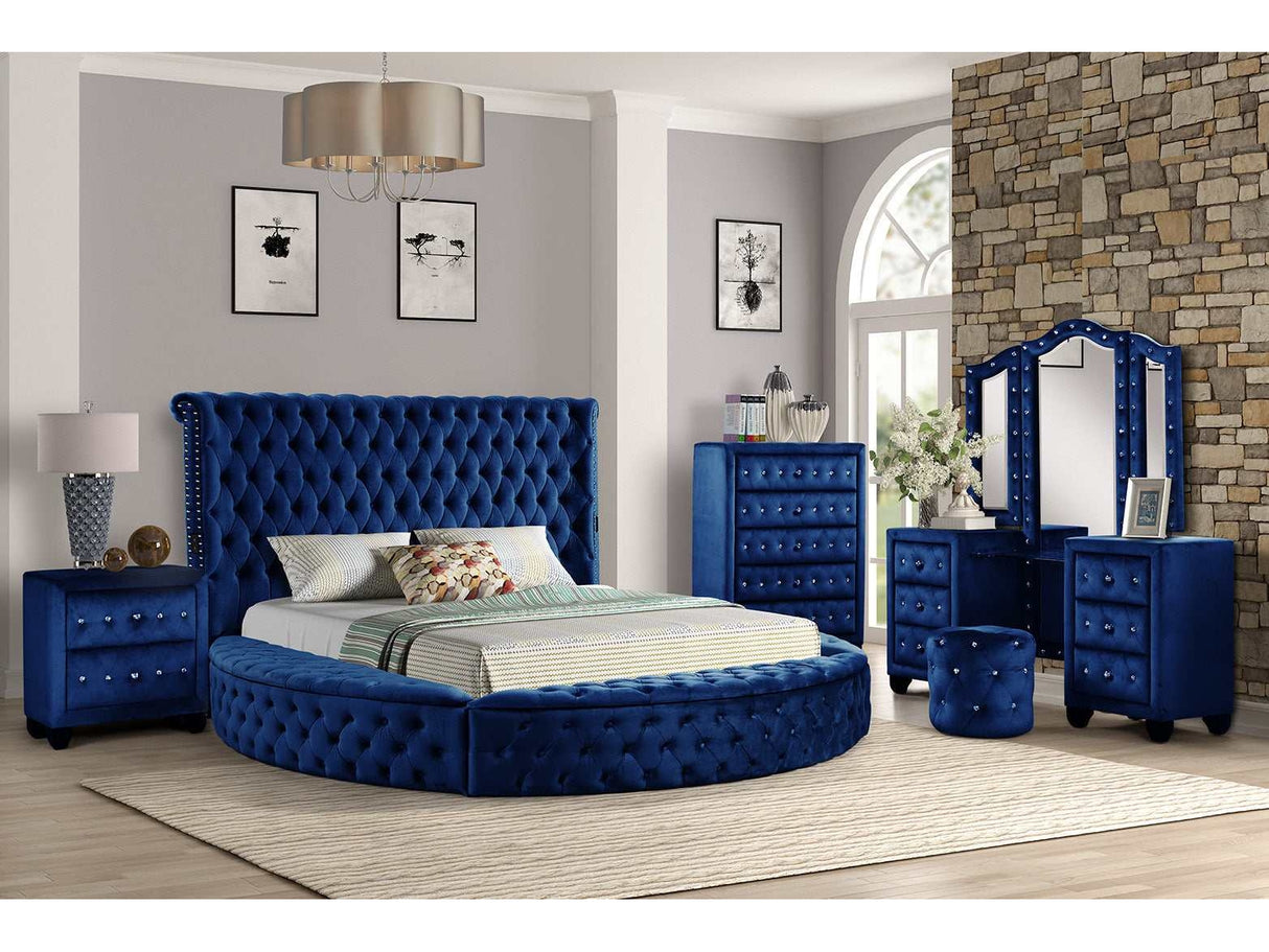 Hazel Blue Tufted Velvet Queen Vanity Bedroom Set / 4pc - Ornate Home