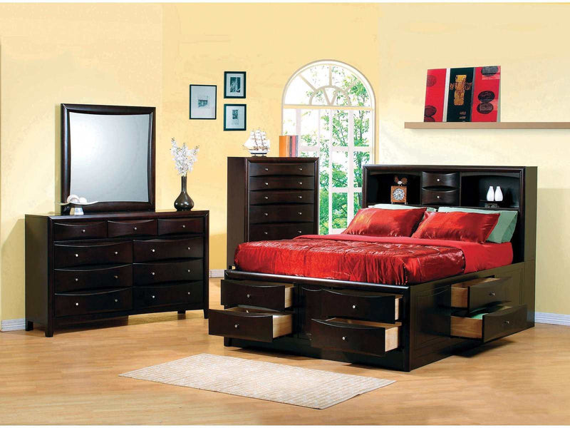 Phoenix Cappuccino 5pc Queen Bedroom Set w/ Bookcase Headboard - Ornate Home