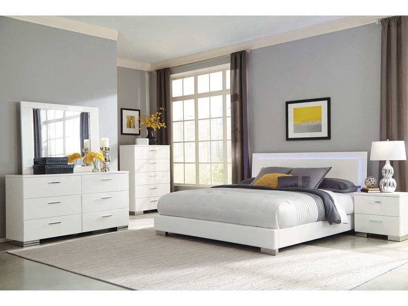 Felicity Glossy White 4pc California King Panel Bedroom Set w/ LED Lighting - Ornate Home