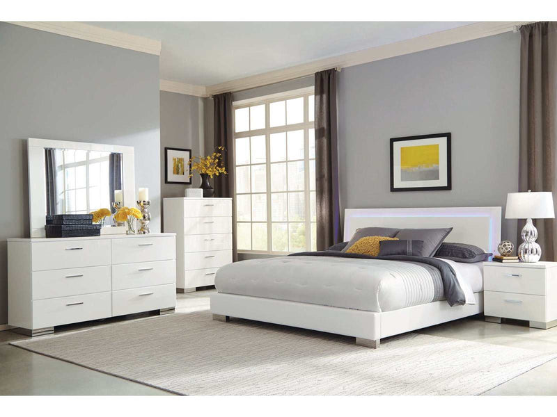 Felicity Glossy White 5pc Queen Panel Bedroom Set w/ LED Lighting - Ornate Home