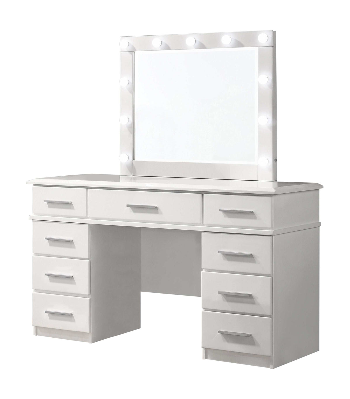 Felicity Glossy White 9 Drawer Vanity Desk w/ Lighted Mirror - Ornate Home