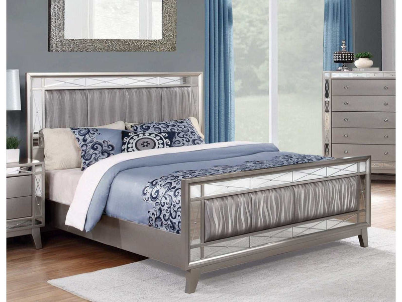 Leighton Mercury Metallic Queen Panel Bed w/ Mirrored Accents - Ornate Home