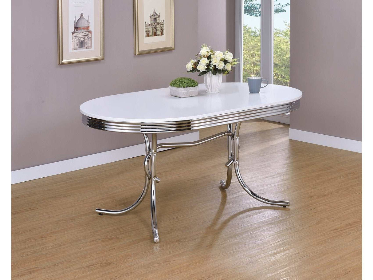 Retro Glossy White & Chrome Oval Dining Table - Ornate Home