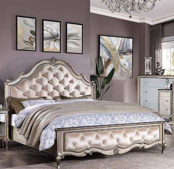 Esteban Velvet & Antique Champagne Cal. King Panel Bed - Ornate Home