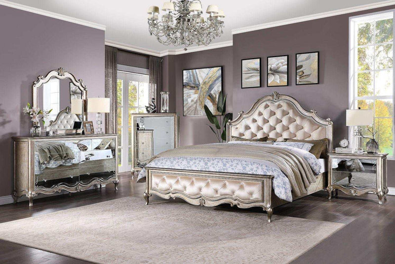 Esteban - Velvet & Antique Champagne - Cal. King Panel Bed - Ornate Home