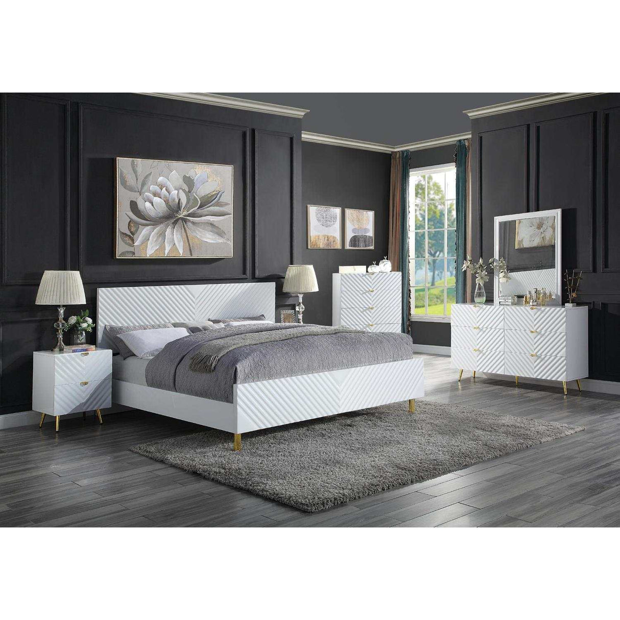 Gaines White High Gloss Queen Bed - Ornate Home