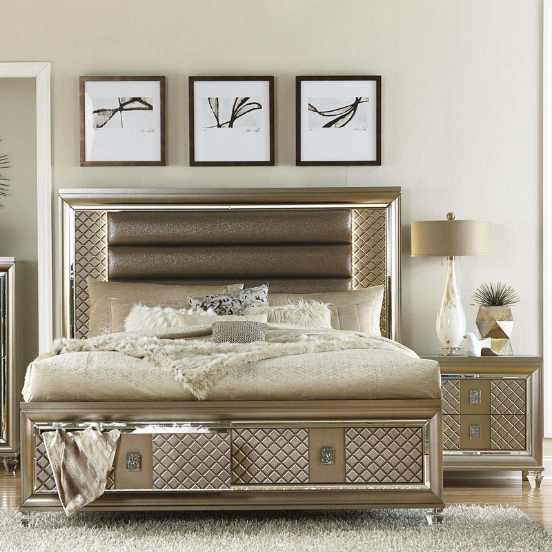 Loudon Champagne Platform Bed Frame w/ HB LED & FB Storage - Ornate Home