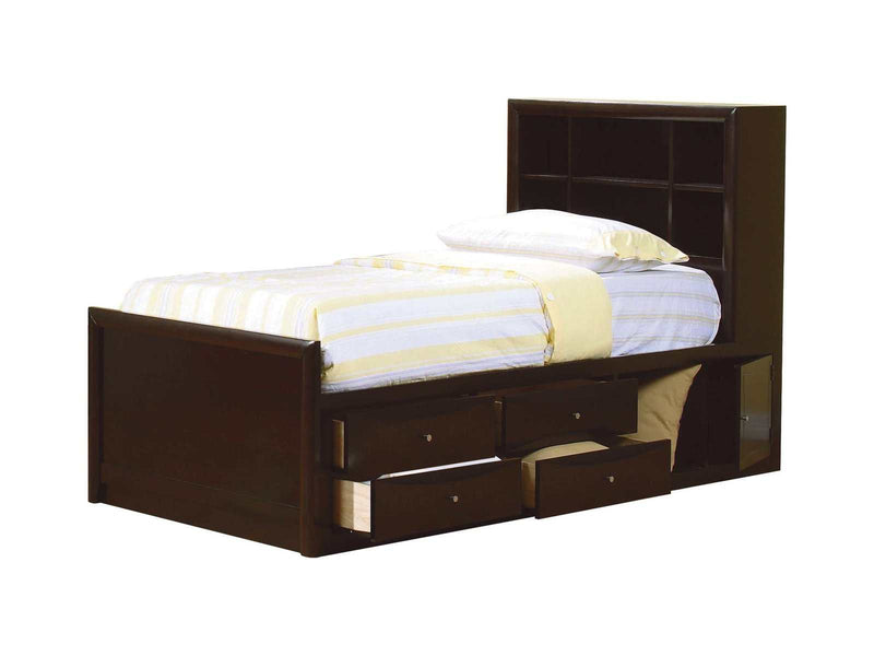Phoenix Cappuccino Twin Bookcase Bed w/ Storage - Ornate Home
