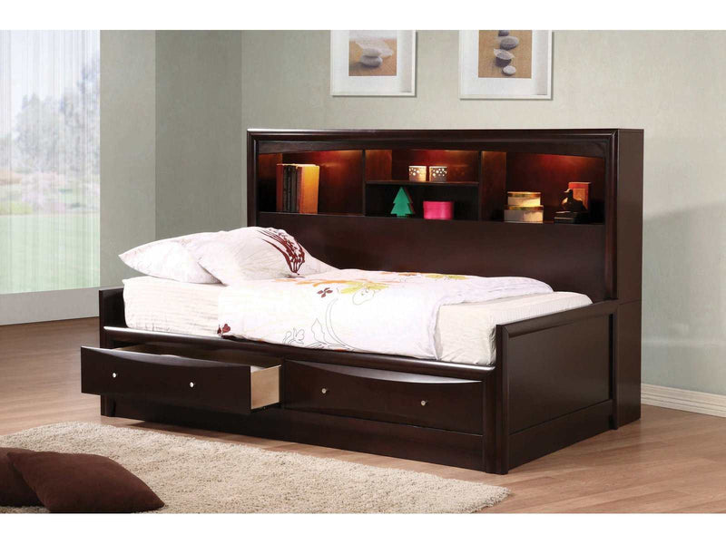 Phoenix Cappuccino Twin Daybed w/ Bookcase & Storage Drawers - Ornate Home
