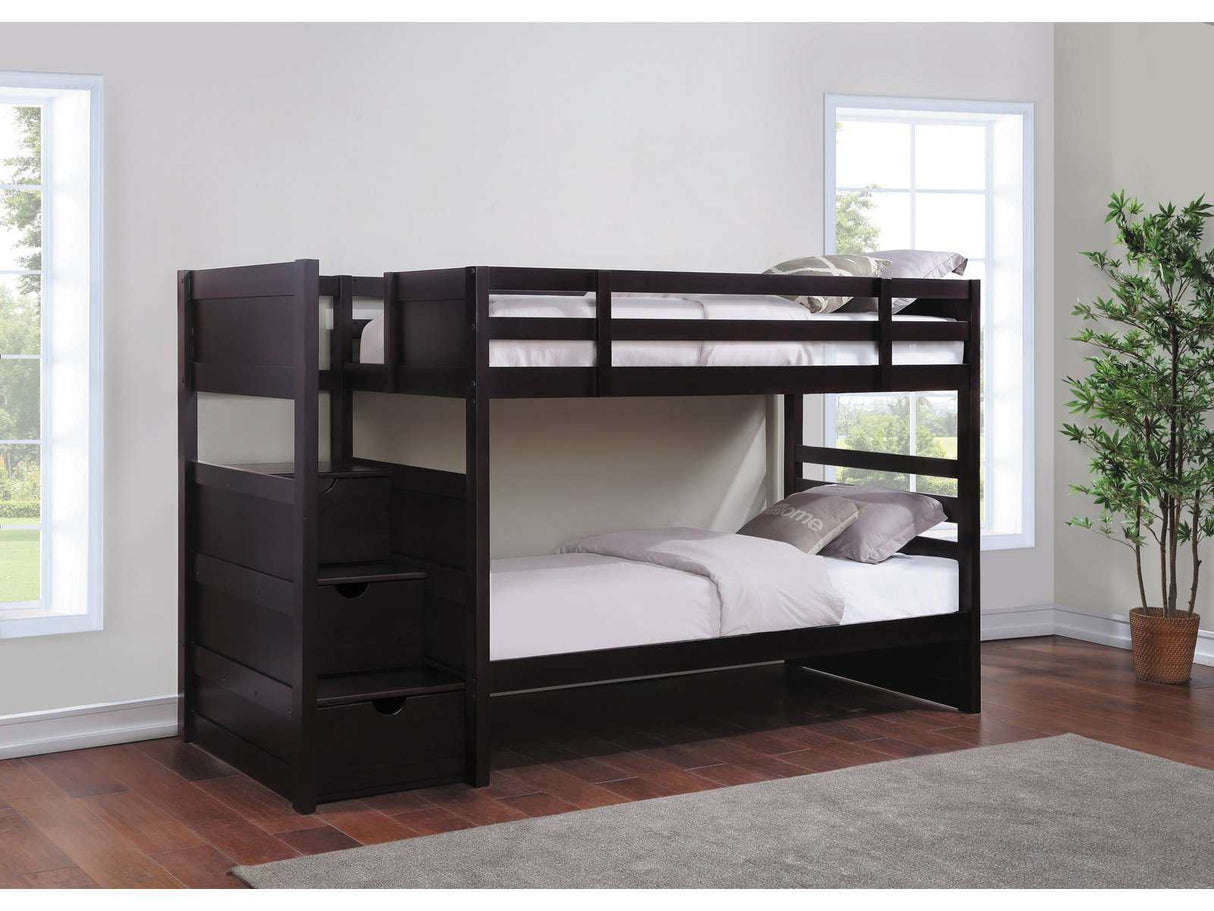 Elliott Cappuccino Twin Over Twin Stairway Bunk Bed - Ornate Home