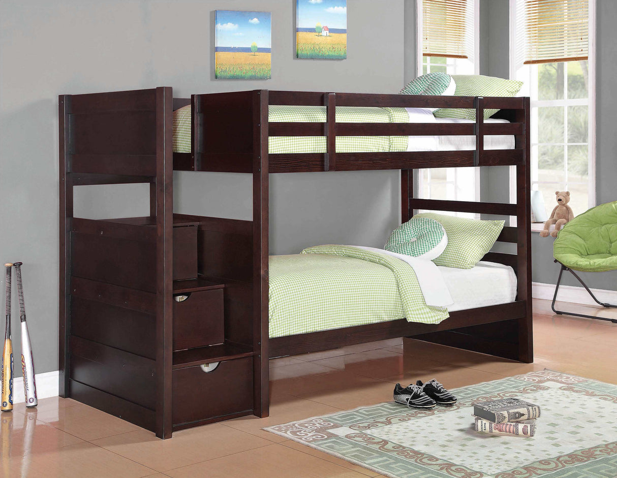 Elliott Cappuccino Twin Over Twin Stairway Bunk Bed - Ornate Home