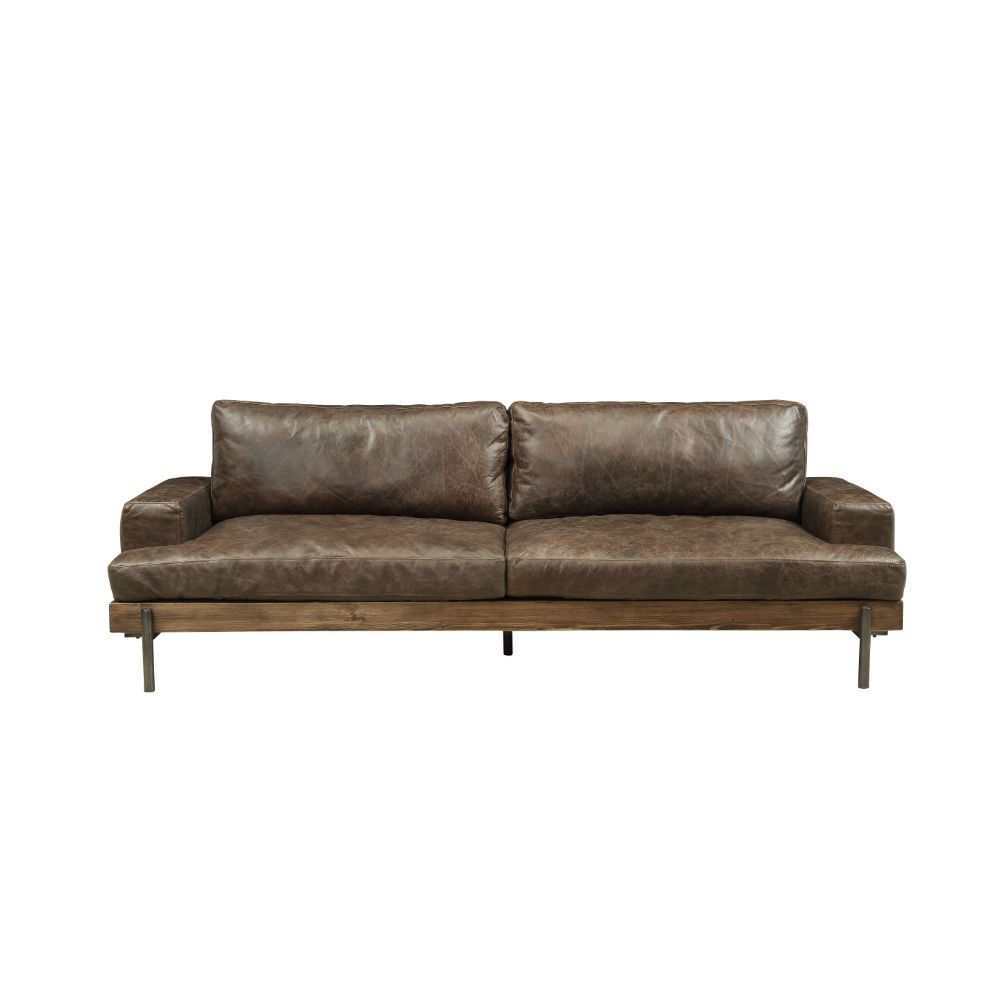 Silchester Distress Chocolate Top Grain Leather & Oak Finish Sofa - Ornate Home