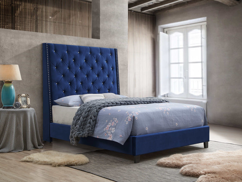 Chantilly Royal Blue Velvet Upholstered Queen Bed - Ornate Home