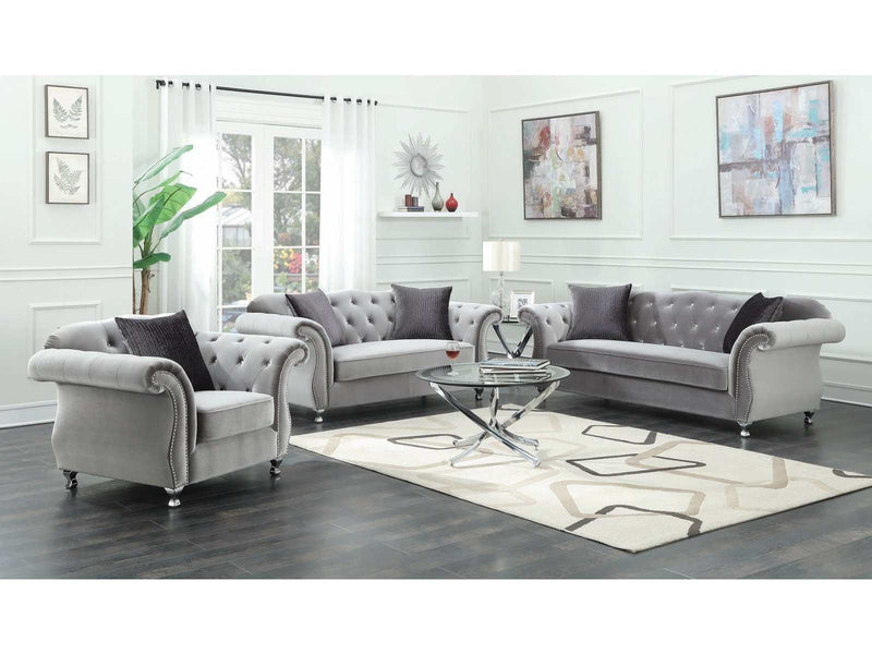 Frostine Silver Velvet 3pc Living Room Set - Ornate Home