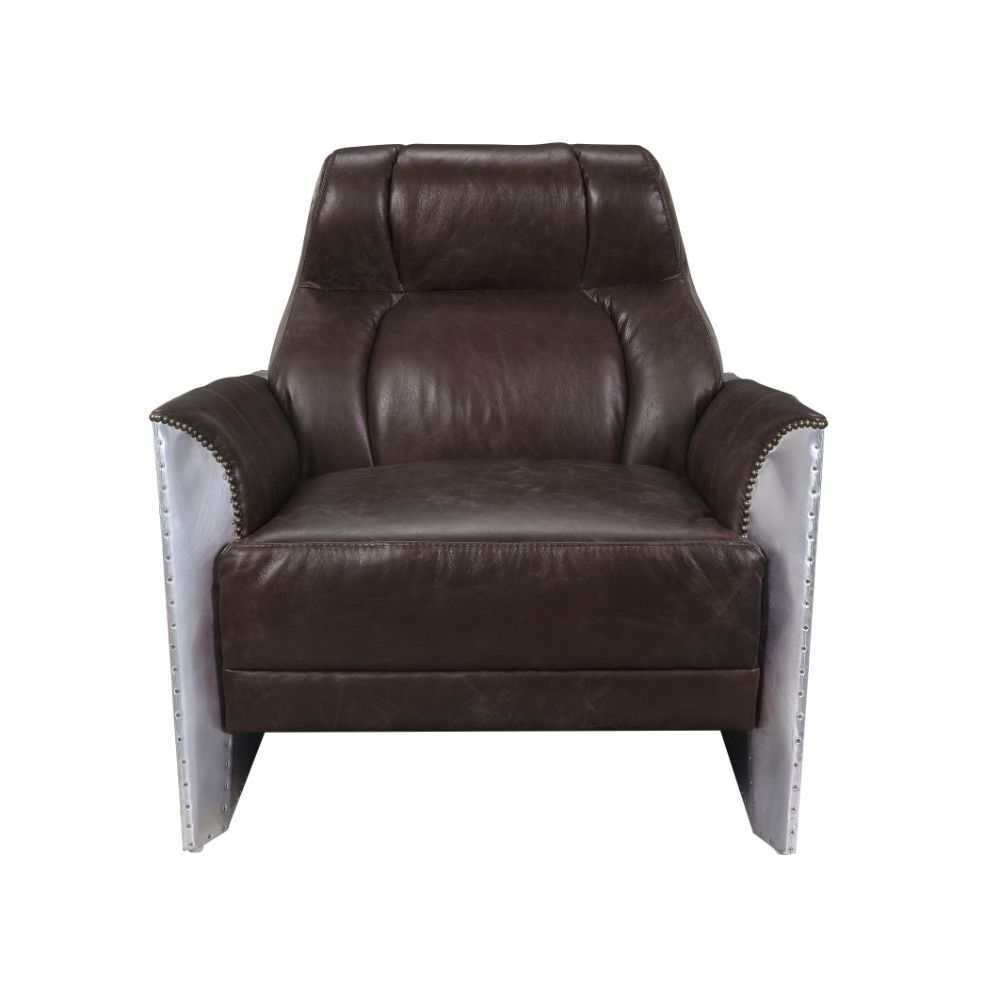 Brancaster Espresso Top Grain Genuine Leather & Aluminum Accent Chair - Ornate Home