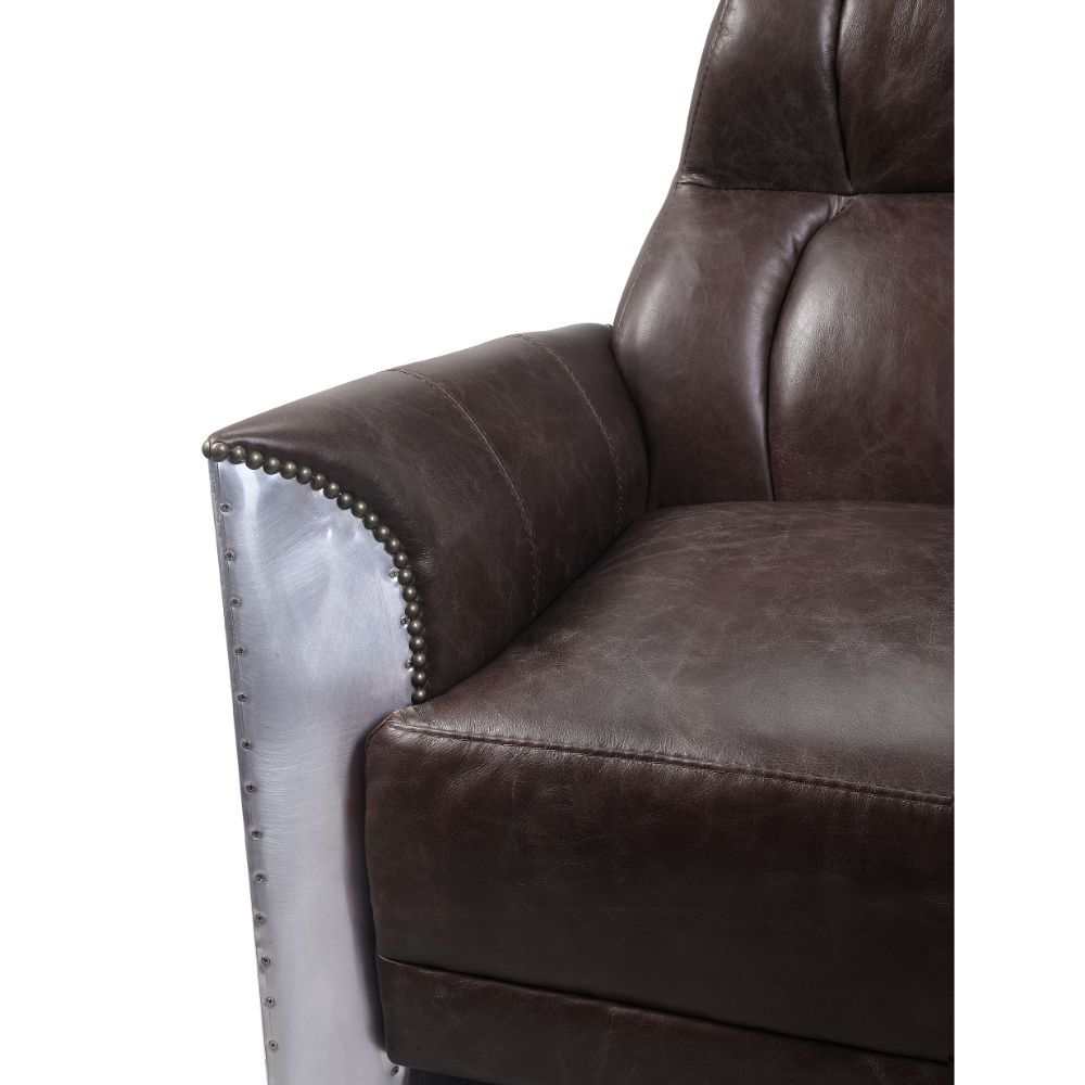 Brancaster Espresso Top Grain Genuine Leather & Aluminum Accent Chair - Ornate Home