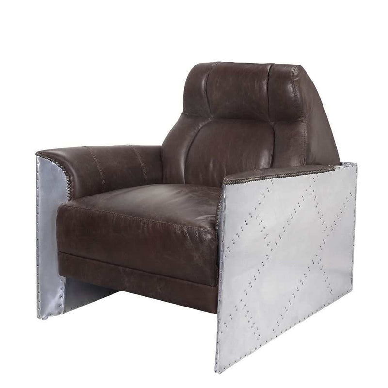 Brancaster Espresso Top Grain Genuine Leather & Aluminum Accent Chair - Ornate Home