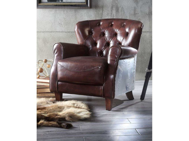 Brancaster Vintage Brown Genuine Leather & Aluminum Accent Chair - Ornate Home