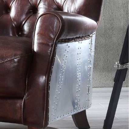 Brancaster Vintage Brown Genuine Leather & Aluminum Accent Chair - Ornate Home