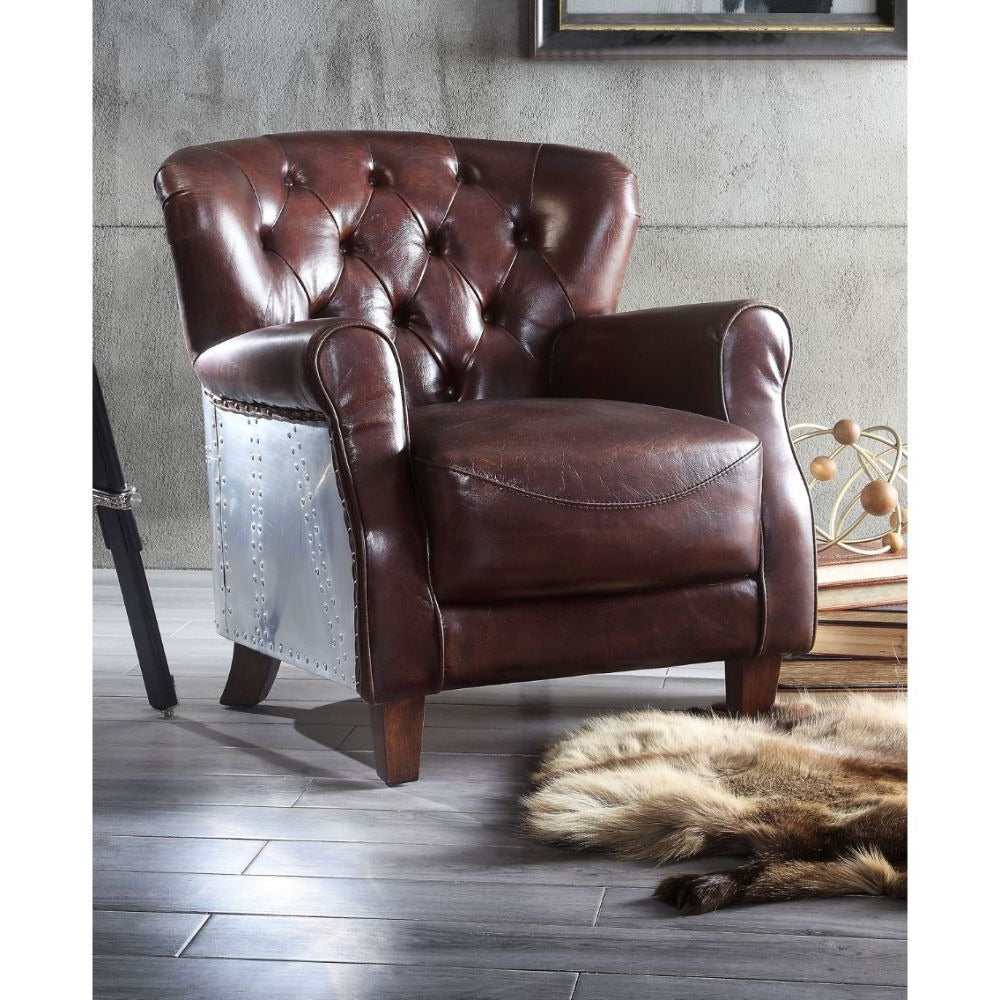 Brancaster Vintage Brown Genuine Leather & Aluminum Accent Chair - Ornate Home