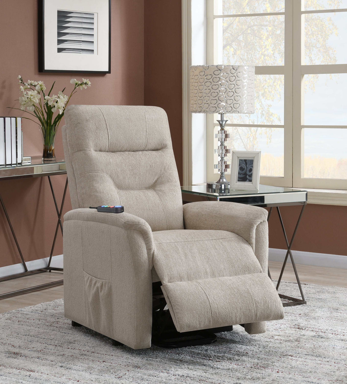 Chace Beige Power Lift Recliner w/ Storage Pocket - Ornate Home