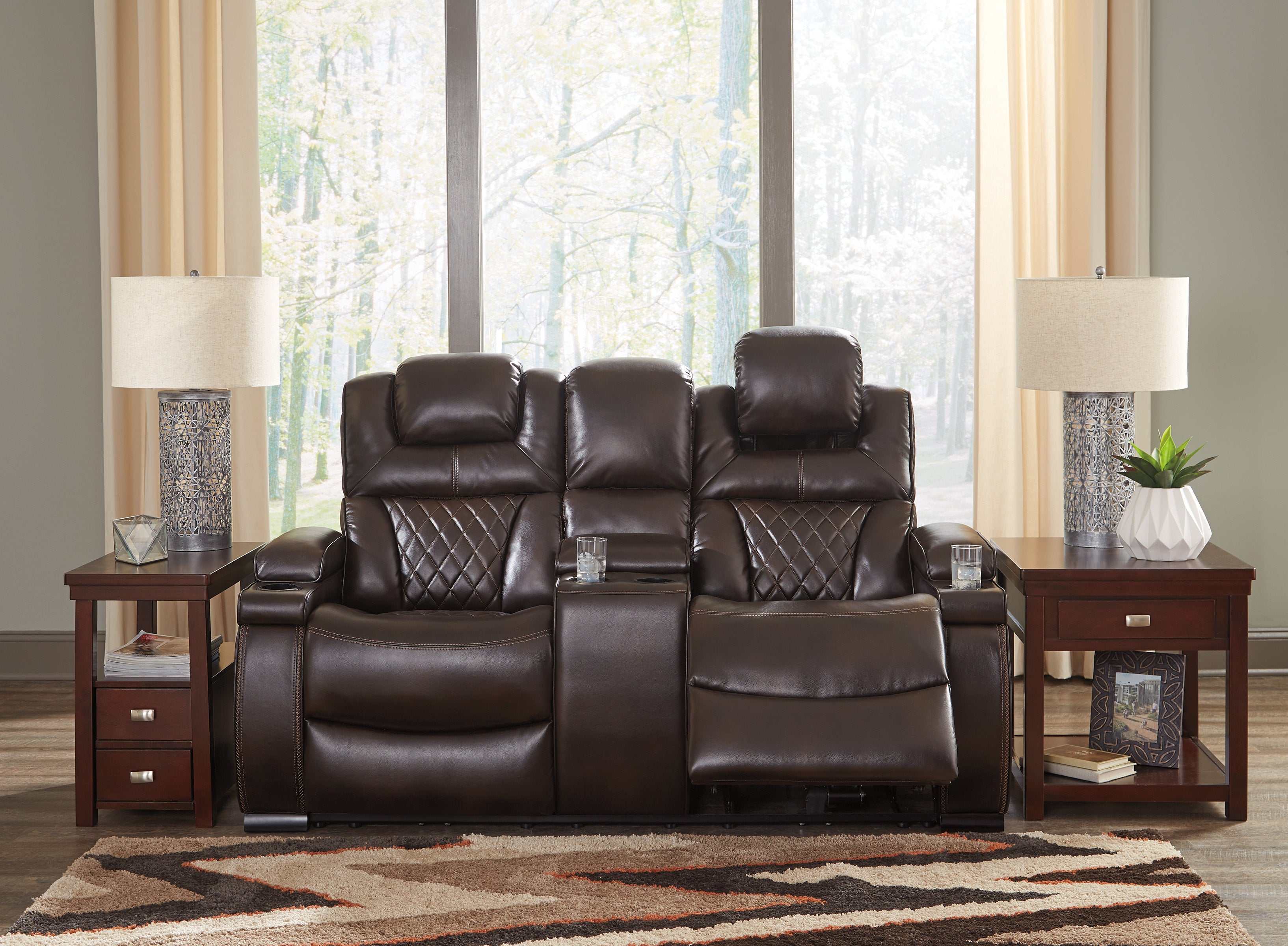 Warnerton Chocolate Power Reclining Loveseat w/ Console - Ornate Home