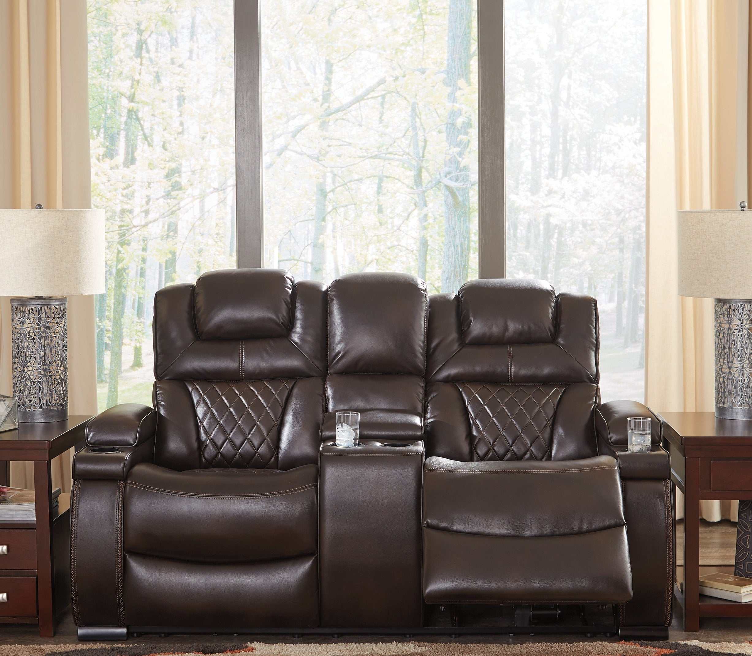 Warnerton Chocolate Power Reclining Loveseat w/ Console - Ornate Home