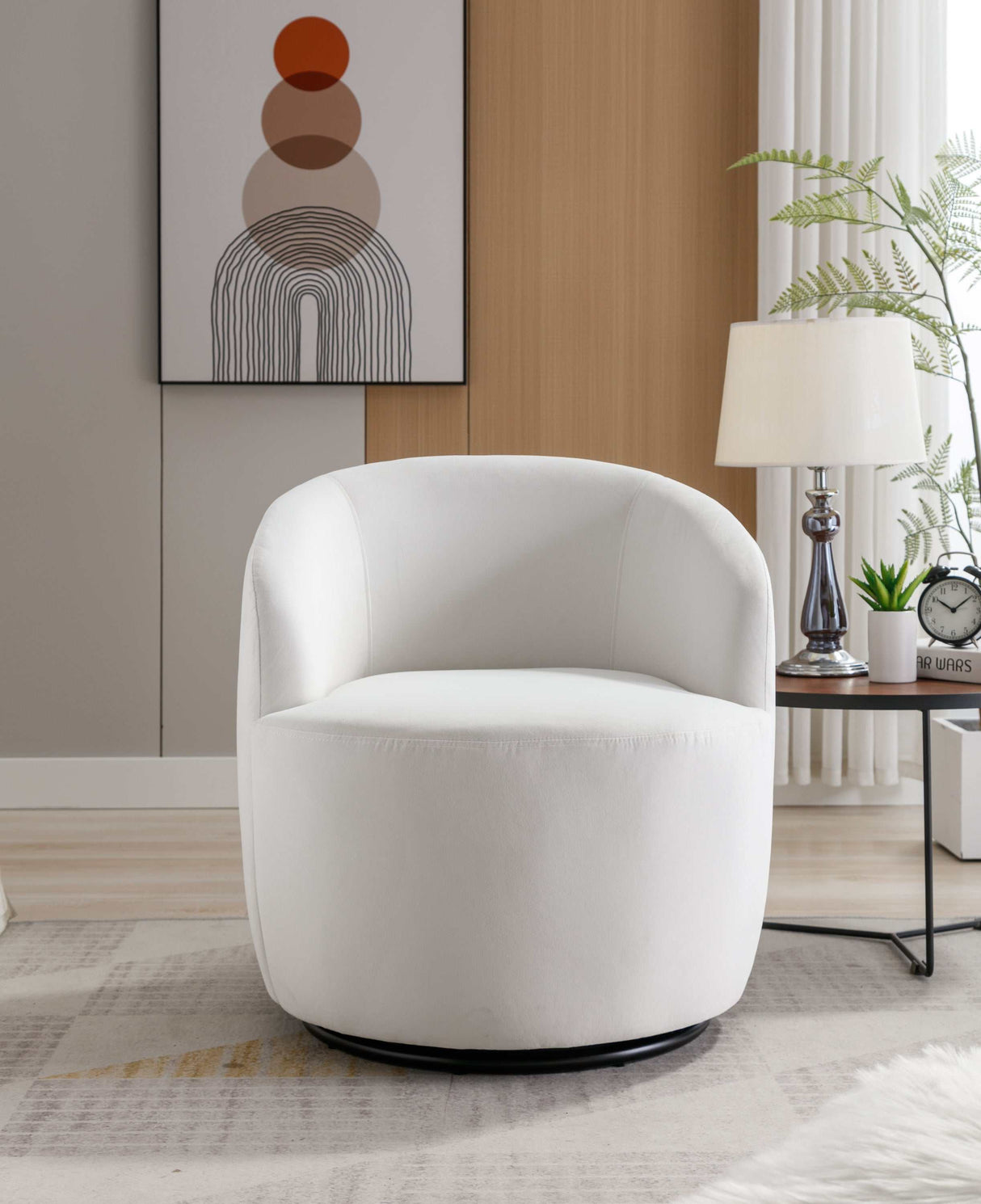 Tule Velvet Swivel Accent Armchair with Metal Ring Detail White - Ornate Home