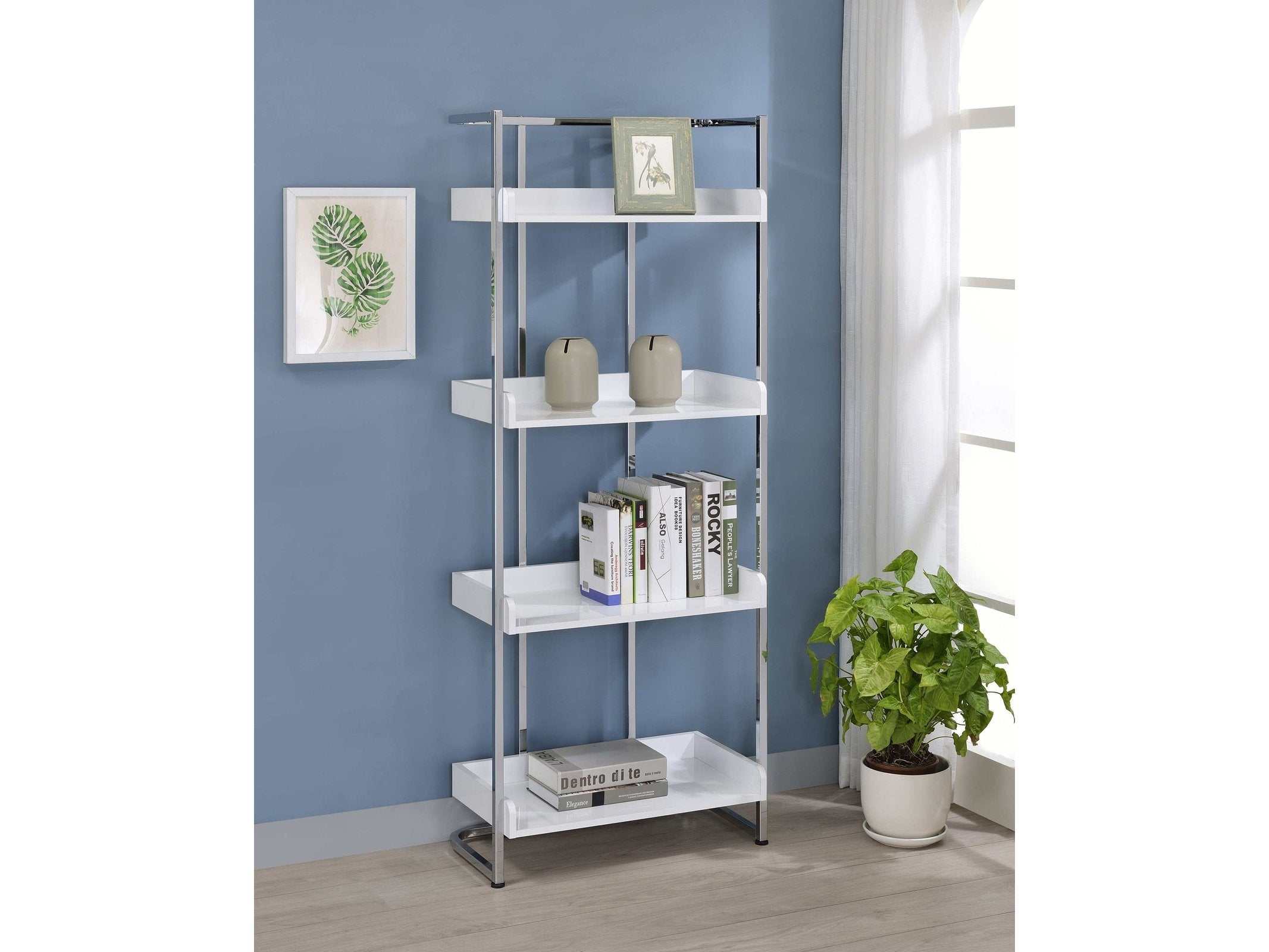 Ember White High Gloss & Chrome Bookcase - Ornate Home