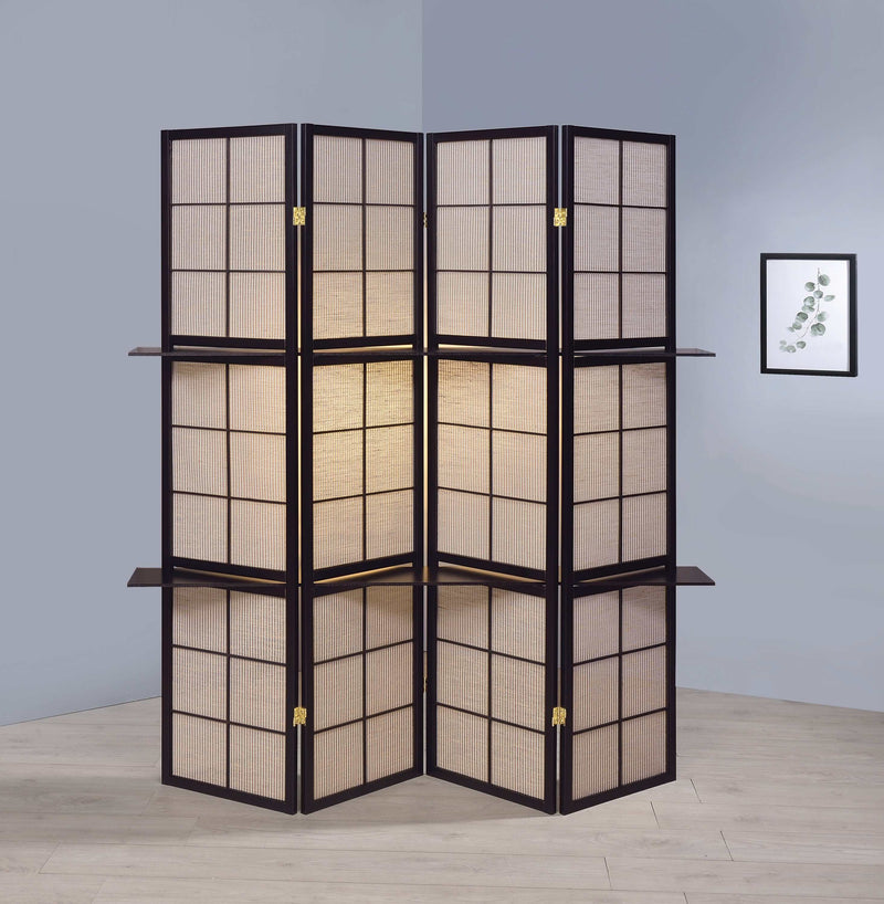Iggy Tan & Cappuccino 4 Panel Folding Screen w/ Removable Shelves - Ornate Home