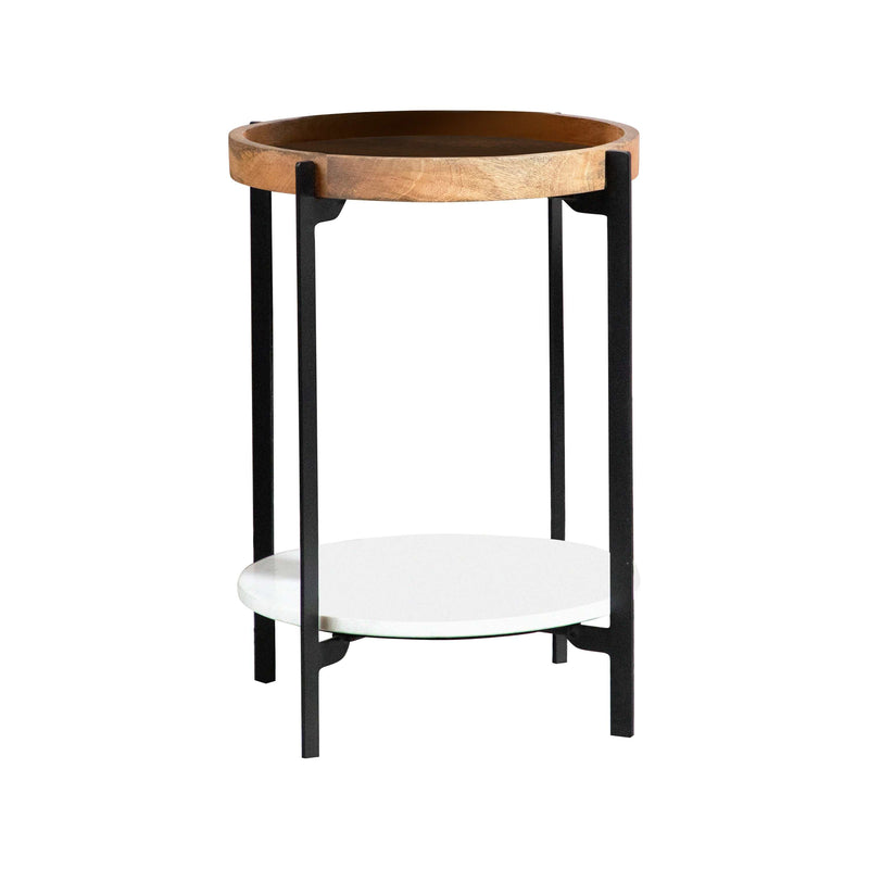 Gerald Natural & Black Round Accent Table w/ Marble Shelf - Ornate Home