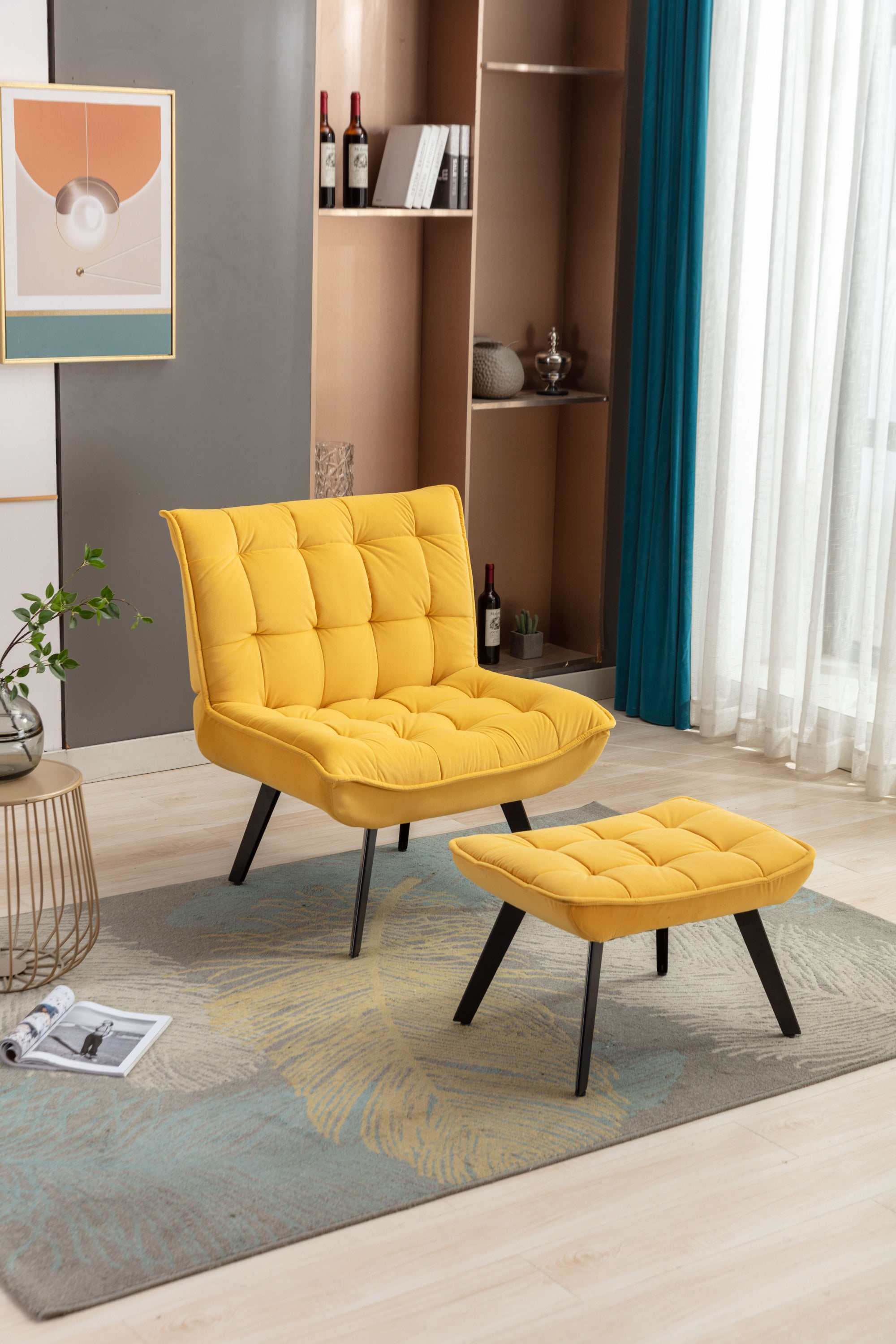 Cinder Velvet Accent Chair with Ottoman Yellow - Ornate Home