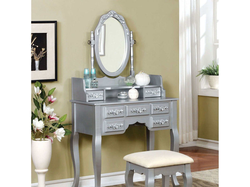 Harriet Silver Vanity Set w/ Stool - Ornate Home